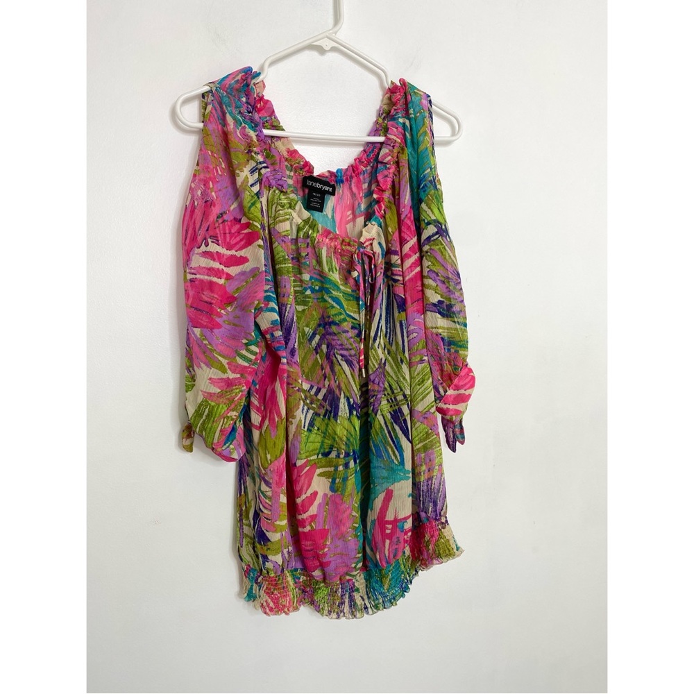Lane Bryant Leafy Tropical Mesh Off The Shoulder Top W/ Sleeve Cut Outs